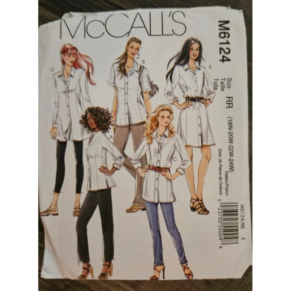 McCalls M6124 Misses Womens Shirt Pattern 3 Length Princess Seams Sz 18-24 UNCUT